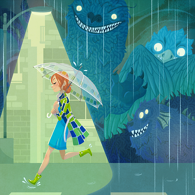 Software Security design girl illustration monster monsters night rain streetlight umbrella