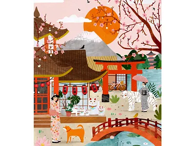 Japon dream 🇯🇵 animal animals cat cat illustration female character illustration illustration art illustrator japan japanese art japanese culture kids illustration plant illustration