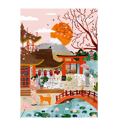 Japon dream 🇯🇵 animal animals cat cat illustration female character illustration illustration art illustrator japan japanese art japanese culture kids illustration plant illustration