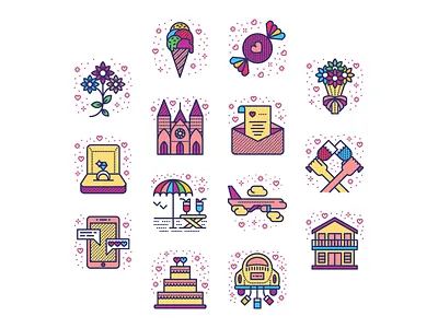 Valentine's Day icon set cheers church engagement flowers honeymoon ice cream love pink romance valentines valentines day wedding