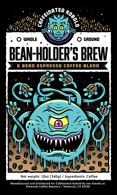 Bean-Holder's Brew beholder caffeine coffee coffee bean design dnd dungeons and dragons espresso illustration label monster msg317 packaging