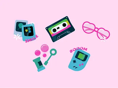 90s nostalgia 🎮 90s adobe illustrator bubbles cassette gameboy glasses icons iconset illustration polariod