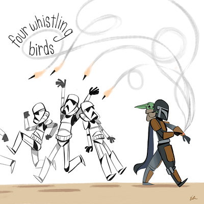 Four Whistling Birds baby yoda digitalart drawing illustration mandalorian procreate star wars stormtroopers the mandalorian
