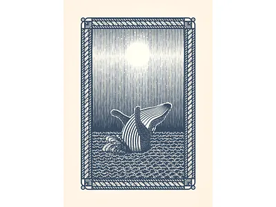 Whale & Moon frame humpback line moon moonlight ocean orca rope scratchboard shells splash waves whale