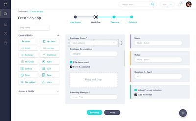 Workflow Builder application branding design drag and drop experience interface layout management app portal ui user ux web