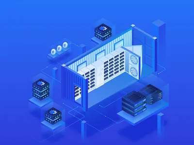 Data center. Cryptocurrency Isometric Illustration 3d bitcoin center classy coin container cryptocurrency data design gradient homepage illustration isometry miner mining modern neon server technology ui