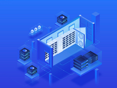 Data center. Cryptocurrency Isometric Illustration 3d bitcoin center classy coin container cryptocurrency data design gradient homepage illustration isometry miner mining modern neon server technology ui