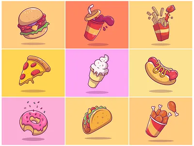 9 Flying Fast Food!! 🌭 🍔 🍟 🍕🍦🥤🍩🍗🌮 burger chicken wings donut french fries ice cream icon illustration logo pizza soda soda can taco