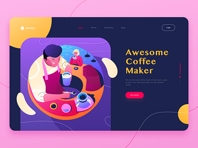 Coffee maker landing page hero app barista cafe cateye coffee colorful dark hero home illustration landing machine maker page people perspective shop vibrant website winter