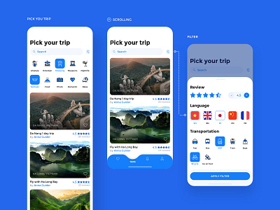 Pick your trip - App concept annadesign blue concept filter graphicdesign mobile app design mobileapp travelapp travelicon travelwithlocalexperts ui uidesign vietnam