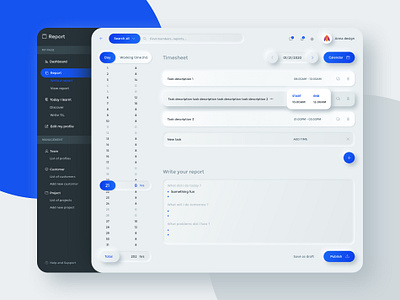 Concept for Working time management app annadesign blue companymanagement concept dashboad dashboard ui design erp graphicdesign management app neomorphism ui redesign report skeuomorphic skeuomorphism time management uidesign web webapp working time management