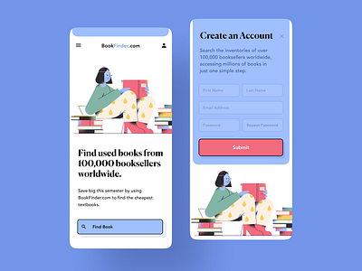 Book Finder - App Design app app design book bookfinder clean ecommerce illustration landingpage nerd pink purple read user userinterface webdesign women