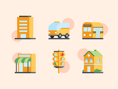 Ciy Life Icons building city icon icons illustration life store taxi traffic light train vector