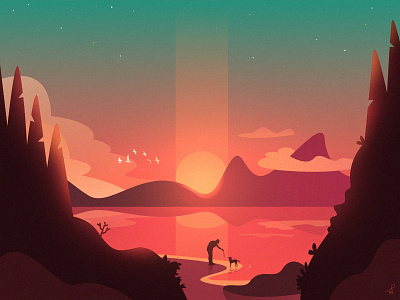 A walk with the dog animal beach chill day digital dog dribbble fireart fireart studio geographic illustration lake landscape mountains stick sunrise sunset times walk walking