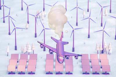 Future of Transportation - Airplane 3d 3d illustration airplane cinema 4d climate change design editorial illustration octane plane smoke solar panels transport windmill