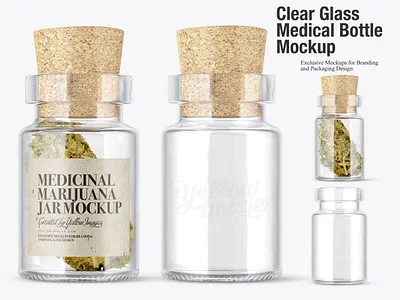 Clear Glass Medical Bottle Mockup bottle buds cannabis cbd cork crushed drugs empty ganja glass glass bottle grass hash hashish hemp marijuana medical bottle medicinal medicine transparent