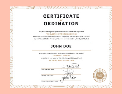 Certificate of Ordination badge logo branding design illustration layout design typography vector