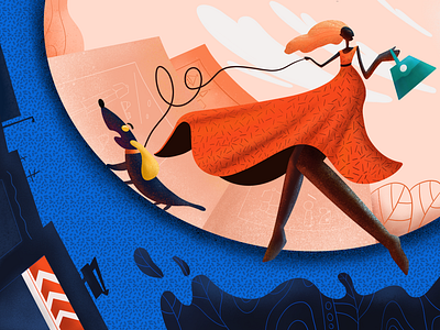 Woman Shopping in Mall with Dog dog illustration in and out los angeles mall shopping woman