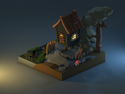 The Hut on Fowl's Legs 3d 3dillustration 3dmodeling cinema4d diorama house hut illustration isometric lowpoly lowpoly3d lowpolyart owl render slavic mythology swamp