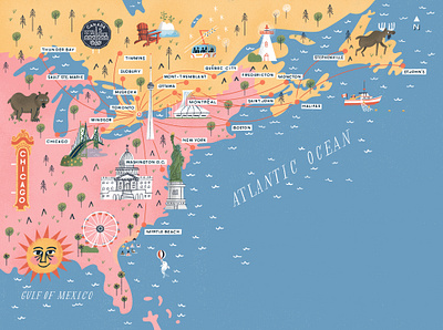 Flight Map atlantic ocean bear big nickel canada chicago detroit eastern seaboard illustration map montreal moose myrtle beach new york statue of liberty toronto tremblant united states washington d.c. windsor