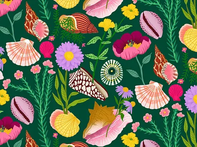 Flowers & Shells bodil jane colourful digital flowers folioart illustration nature pattern shells