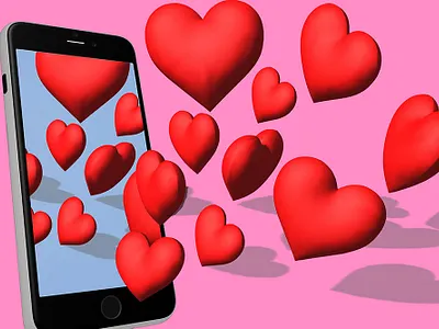 Red hearts fly out of phone screen. Concept for Valentines day 3d banner design illustration manipulation photoshop poster web