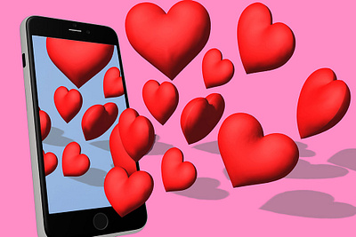 Red hearts fly out of phone screen. Concept for Valentines day 3d banner design illustration manipulation photoshop poster web
