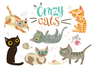 Crazy Cats art cartoon cat character cute doodle flat illustration pet vector
