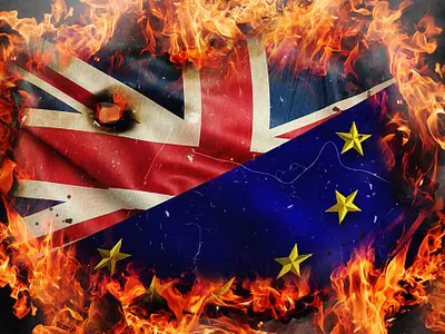 Concept of Brexit. Burning flags of UK and EU app background banner branding design flat manipulation photoshop poster web