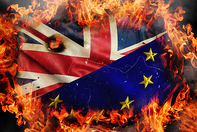 Concept of Brexit. Burning flags of UK and EU app background banner branding design flat manipulation photoshop poster web