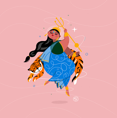 Indian Goddess Durga adobe adobe illustrator animals character characterdesign design drawing goddess graphics illustration indian motion mythology powerful procreate story tiger woman illustration