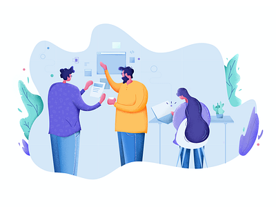 Cesis Studio - Team Work Illustration affinity designer browser business man business woman cesis character design desk illustration illustrator laptop man paper procreate studio table talking team work tree woman working