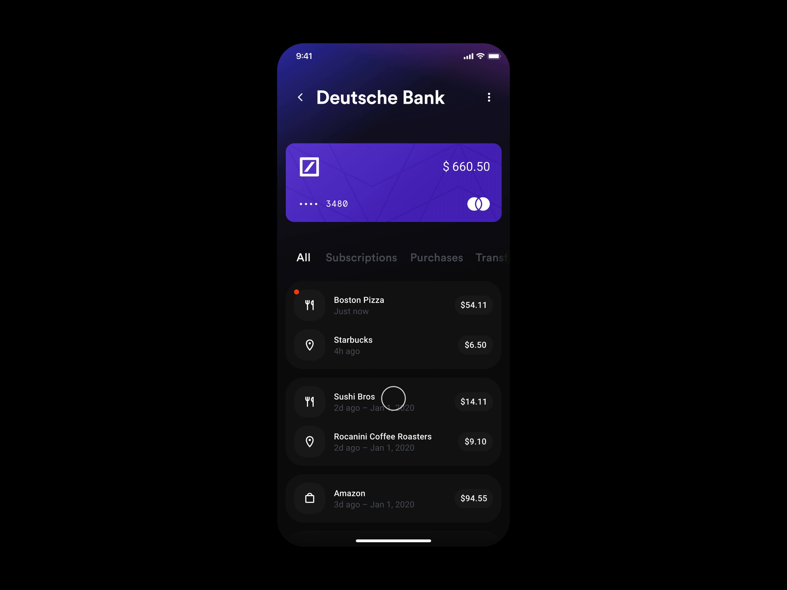 Example of Wallet App – Transaction history