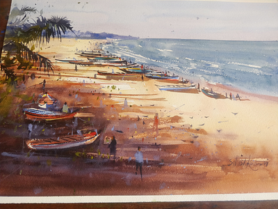 Under the coconut tree fine art painting traditional painting watercolor