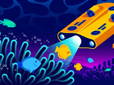 Istio / Datadog Editorial Illustration (Part 2) bubbles coral fish gradient illustration illustrator istio light logs metrics monitoring reef submersible traces vector wave