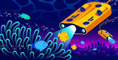 Istio / Datadog Editorial Illustration (Part 2) bubbles coral fish gradient illustration illustrator istio light logs metrics monitoring reef submersible traces vector wave