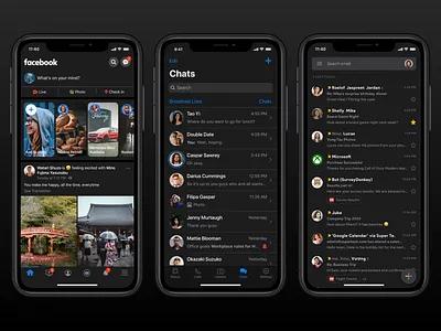 Dark Mode Exploration - Facebook, WhatsApp, Gmail app chat dark email facebook gmail ios iphone mode social story whatsapp