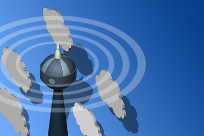 Tower transmits signal in clouds on blue sky 3D image 3d background banner branding design illustration manipulation photoshop poster web