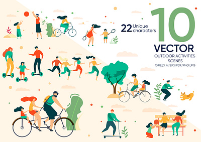 Outdoor Activities Vector Scenes bicycle character collection dog exercise garden group illustration jogging kids nature outdoor park people person sport summer tree vector vitality