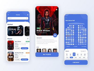 Cinema Ticket App app bad boys blackwidow booking booking app cinema cinema app design minimal mobile movie preview social ticket ui ui design ux web