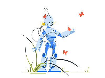 Happy robot in a midst of butterflies butterflies flat illustration kit8 robot vector