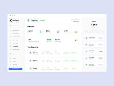 InstaDApp - The Future of Decentralized Banking blockchain buttons clean crypto crypto wallet cryptocurrency dapp data data visualization ethereum field input minimalist pastel colors selector trading transaction ui ux web