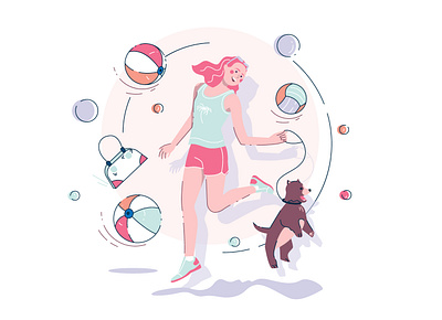 summer girl with a dog adobe illustrator ball dog girl character good day happy happy dog happy girl holidays illustration lineart sport summer summer holiday summer party summertime vector illustration vectorart volleyball walking