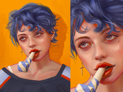 Party blue hair cross digital paiting digital portrait drawing fashion freckles girl illustration orange background party portrait pretty girl red lips sketch speedpaint