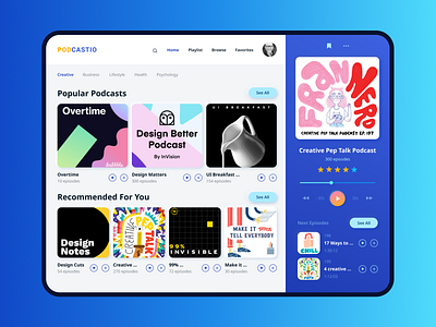 PODCASTIO audio blue dashboad dashboard dashboarddesign design gradient inspiration layout overtime podcast podcasting tablet app tablet design trendy ui ux uxdesign webdesign website