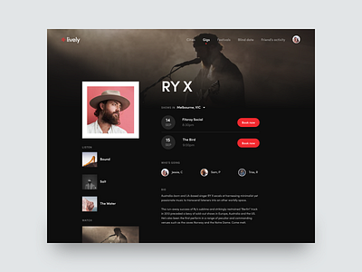 Lively - Selected Artist app australia clean dark dark mode dark ui design event events festival gigs melbourne minimalist music perth profile ui ux