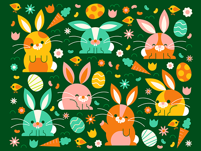 Easter Bunnies bunny character chick childrens illustration cute design fun happy holiday illustration jelly bean kids book retro spring vector