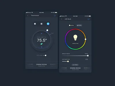 Smart Devices Controls controls dark theme ios iot led bulb mobile smart home thermostat ui ux