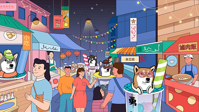 Night Market character chinese color colorful cute design food illustration light market meal night people taiwan vector