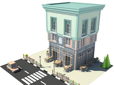 Crêperie 3d 3d art 3d model 3dmodel 3dmodeling building cafe car cartoon creperie design environment exterior facade isometric lowpoly market maya shop store